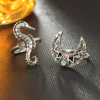 6pcs/Set Bohemia Silver Moon Hippocampi Wave Rings Set Rhinestone Knuckle Finger Midi Rings