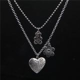 Punk Rock Flower Bear Heart Pendant Necklace Hip Hop Stainless Steel Jewelry Cool for Women Girl GiftsParty Nightclub Gifts