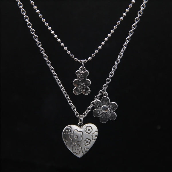 Punk Rock Flower Bear Heart Pendant Necklace Hip Hop Stainless Steel Jewelry Cool for Women Girl GiftsParty Nightclub Gifts