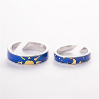 Beautiful Thinking About The Night Couple 925 Sterling Silver Jewelry Fashion Moon And Sun Blue Van Gogh Opening Rings