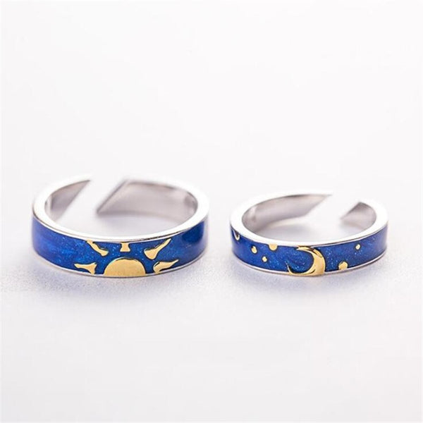 Beautiful Thinking About The Night Couple 925 Sterling Silver Jewelry Fashion Moon And Sun Blue Van Gogh Opening Rings