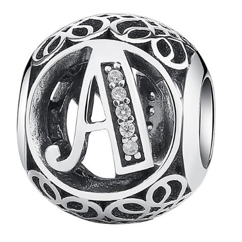 BAMOER 925 Sterling Silver Vintage A to Z, Clear CZ Alphabet Letter Beads Fit Charms Bracelets & Bangle PSC008