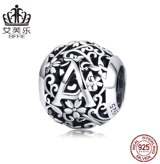 S925 Sterling Silver Bead Pattern Letter A DIY Beaded Bracelet Jewelry Accessories Silver Beads
